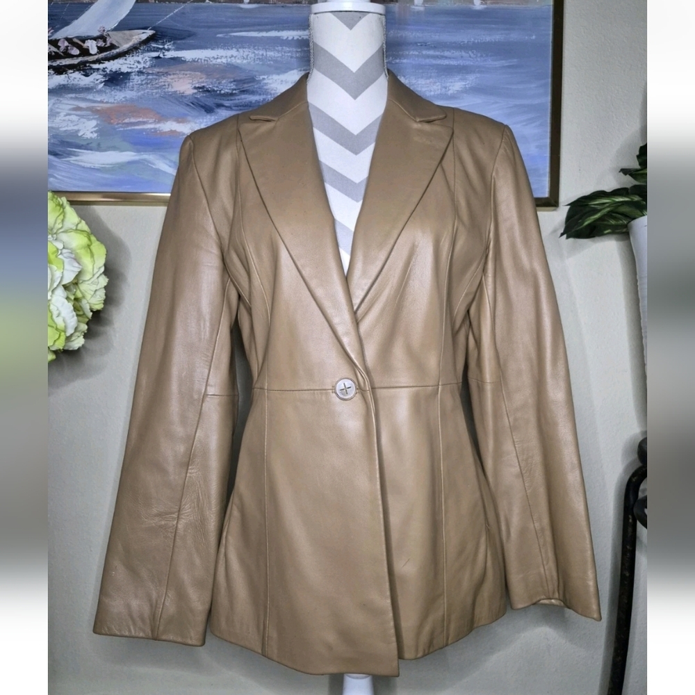 Vintage JLC New York Womens 100% Leather Tan Blazer Jacket